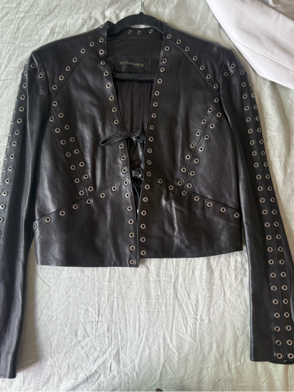 Plein Sud Black Leather Eyelet Tie-Front Jacket